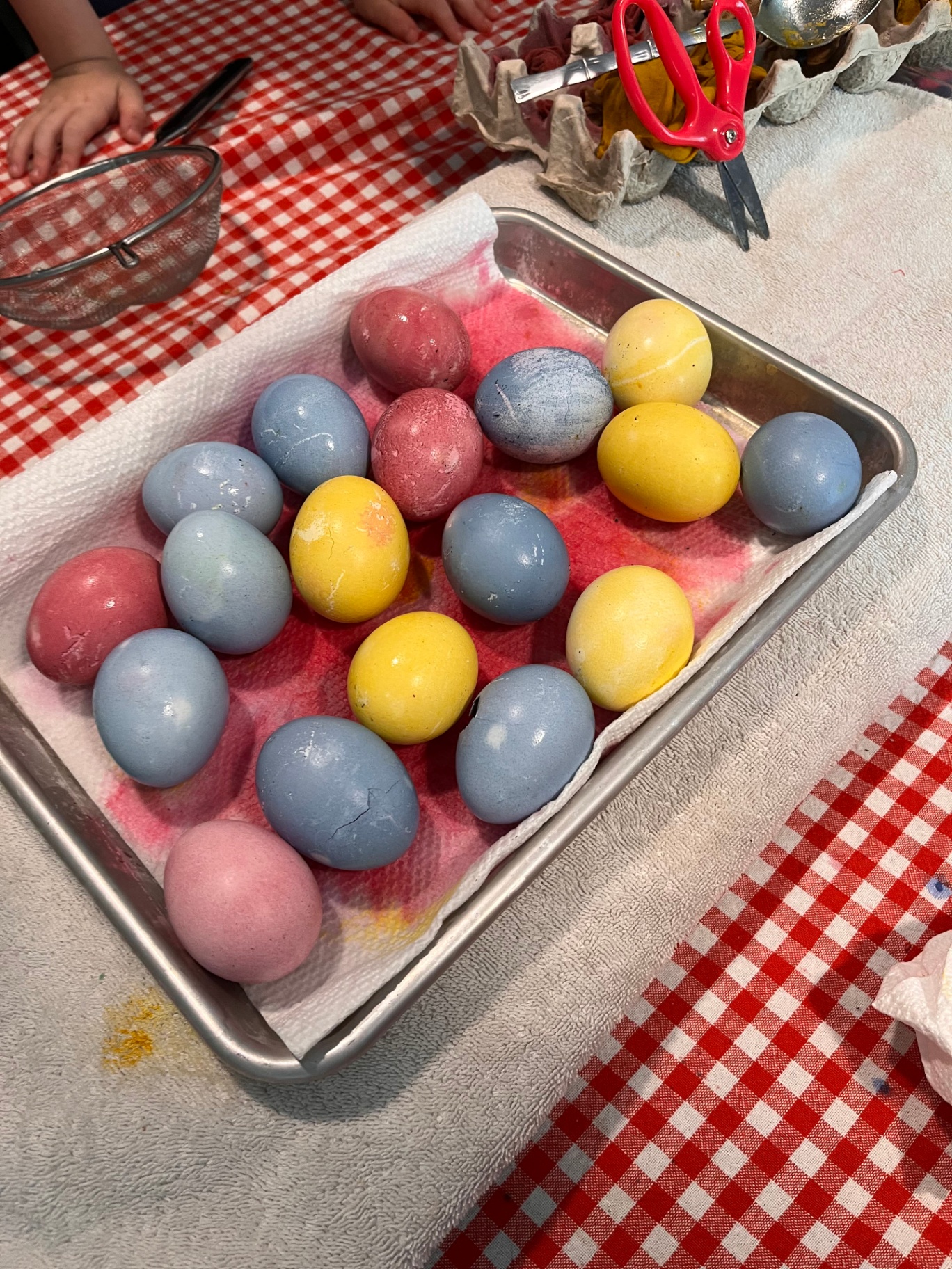 A tray of beautifully colored eggs