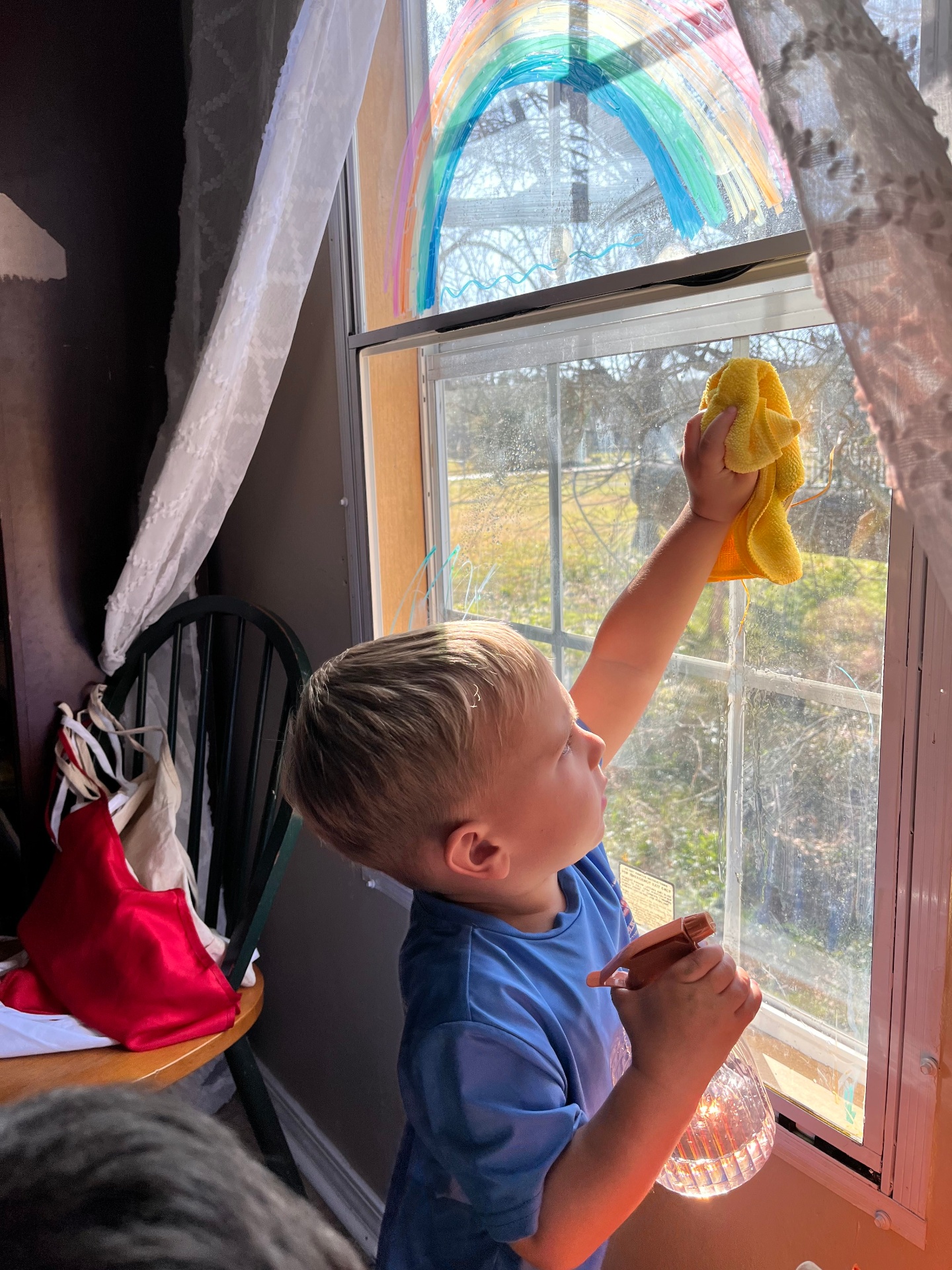 A child cleaning a window with a painted rainbow in the sunlight
